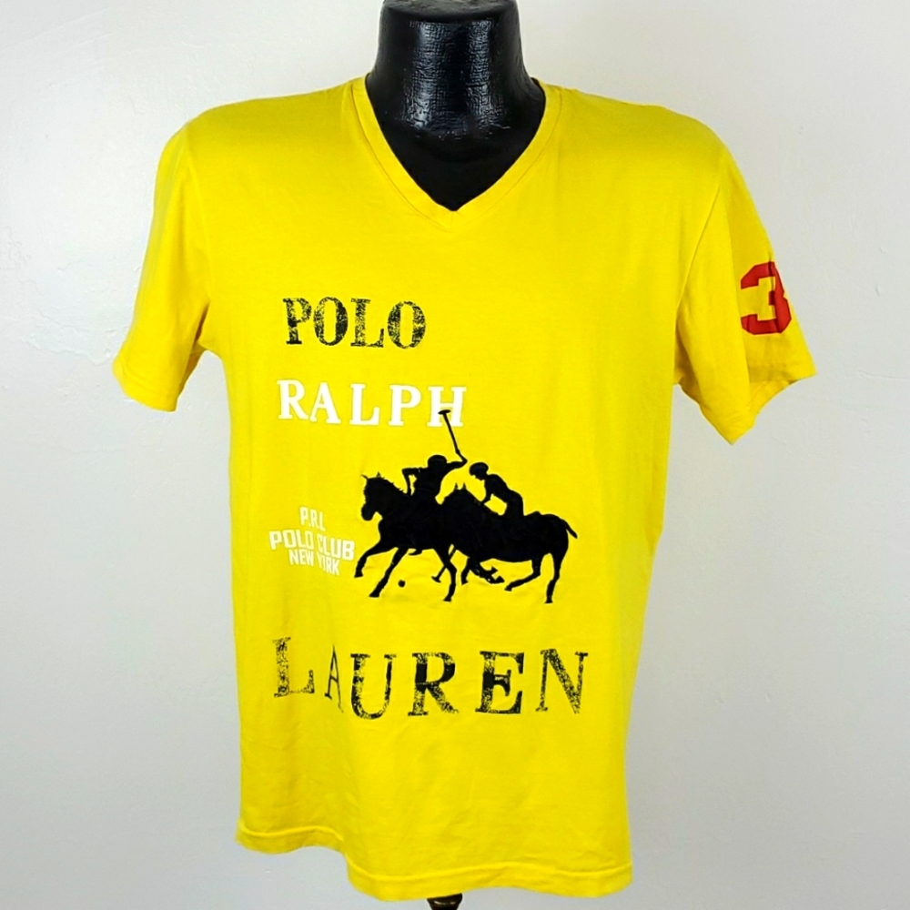 Polo Ralph Lauren Yellow V-Neck T-Shirt Mens L Big Logo Embroidered